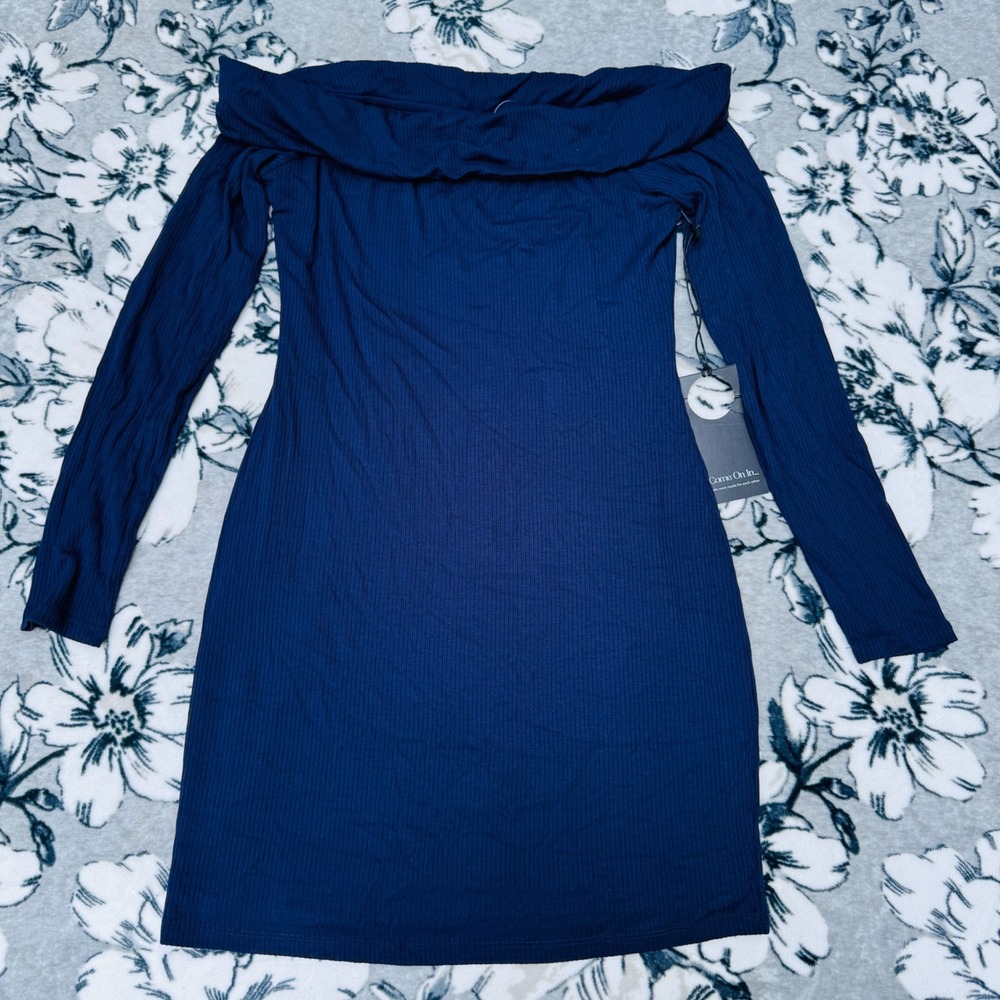 Privacy Please Mini Dress Womens Medium Blue New Ribbed Off Shoulder Long Slv